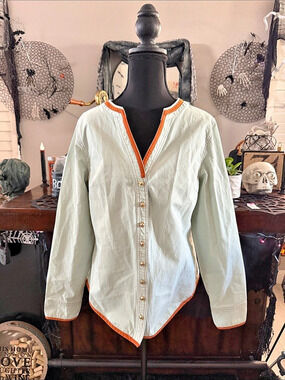 Futario Retro Washed Contrast Trim Button Down Shirt in Green & Orange Size Medi